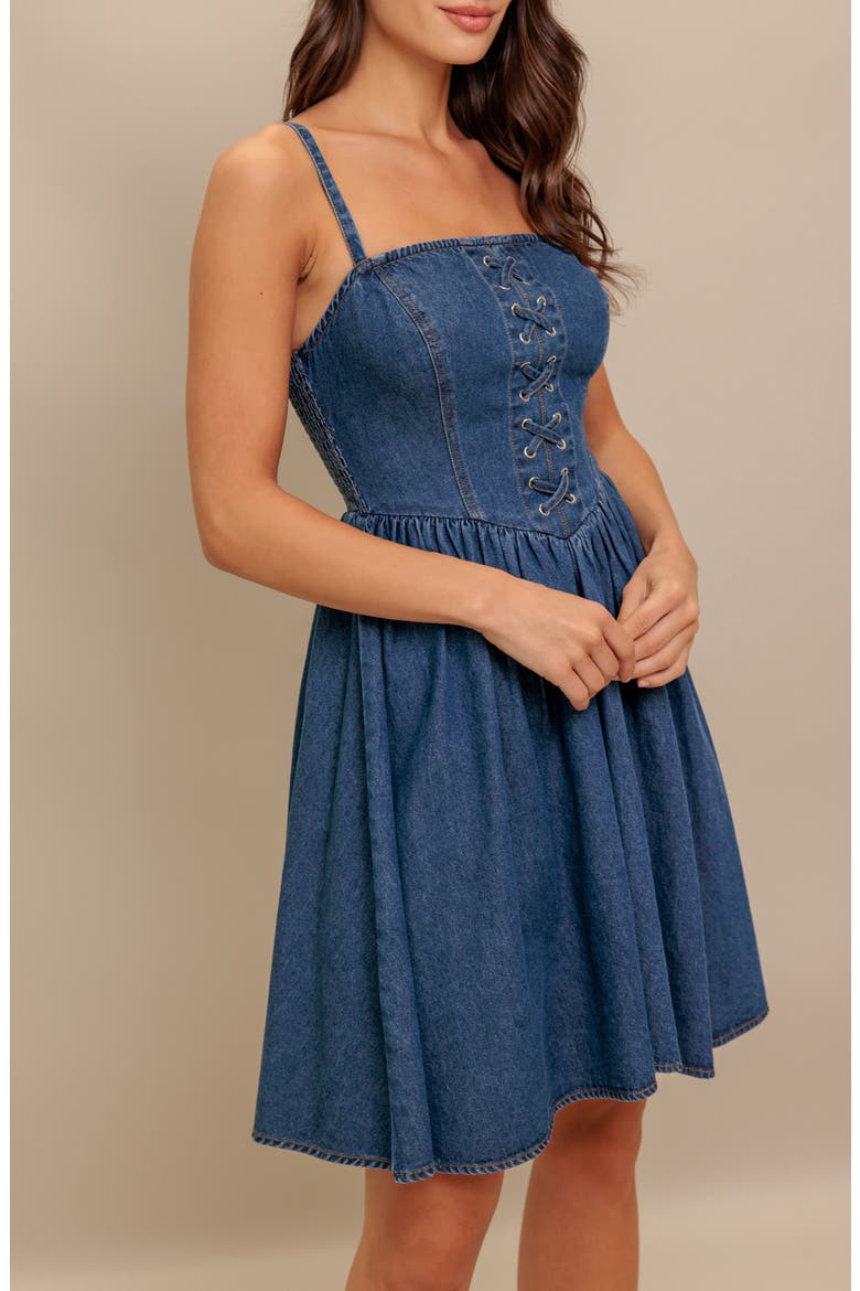 Lace-Up Denim Minidress, Alternate, color, MEDIUM INDIGO