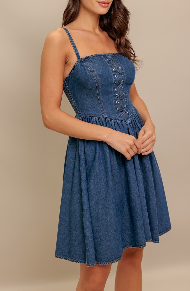 FLYING TOMATO Lace-Up Denim Minidress, Alternate, color, Medium Indigo