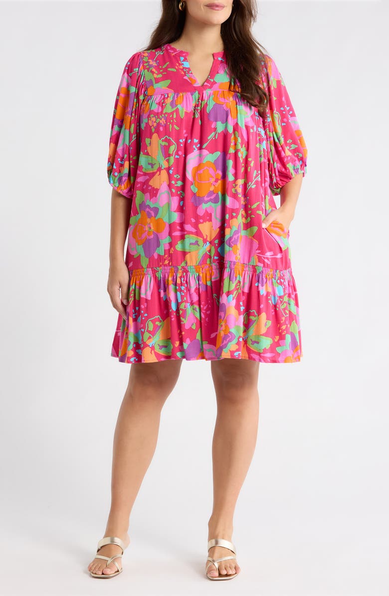 SUGARLIPS Himera Floral Maribor Puff Sleeve Minidress, Main, color, Fuchsia Multi