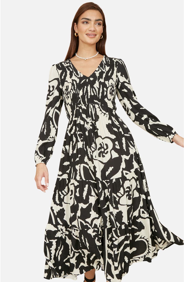Yumi Abstract Print Ruched V-Neck Midi Dress, Alternate, color, Black