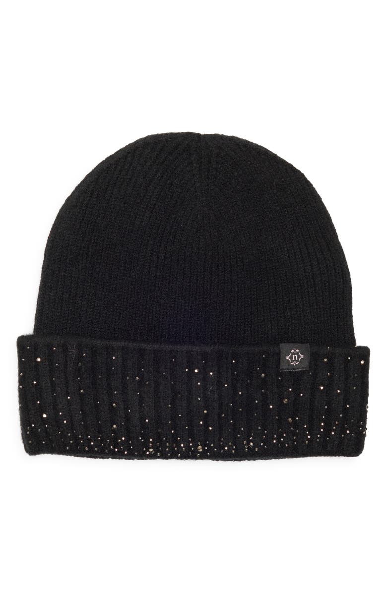 Nanette Lepore Rhinestone Cuffed Knit Beanie, Main, color, Black