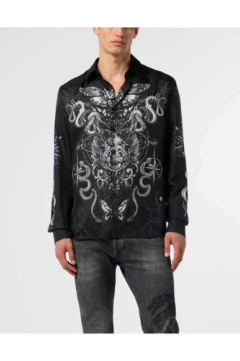 Silk Shirt All-Over Tattoo Men, Main, color, black