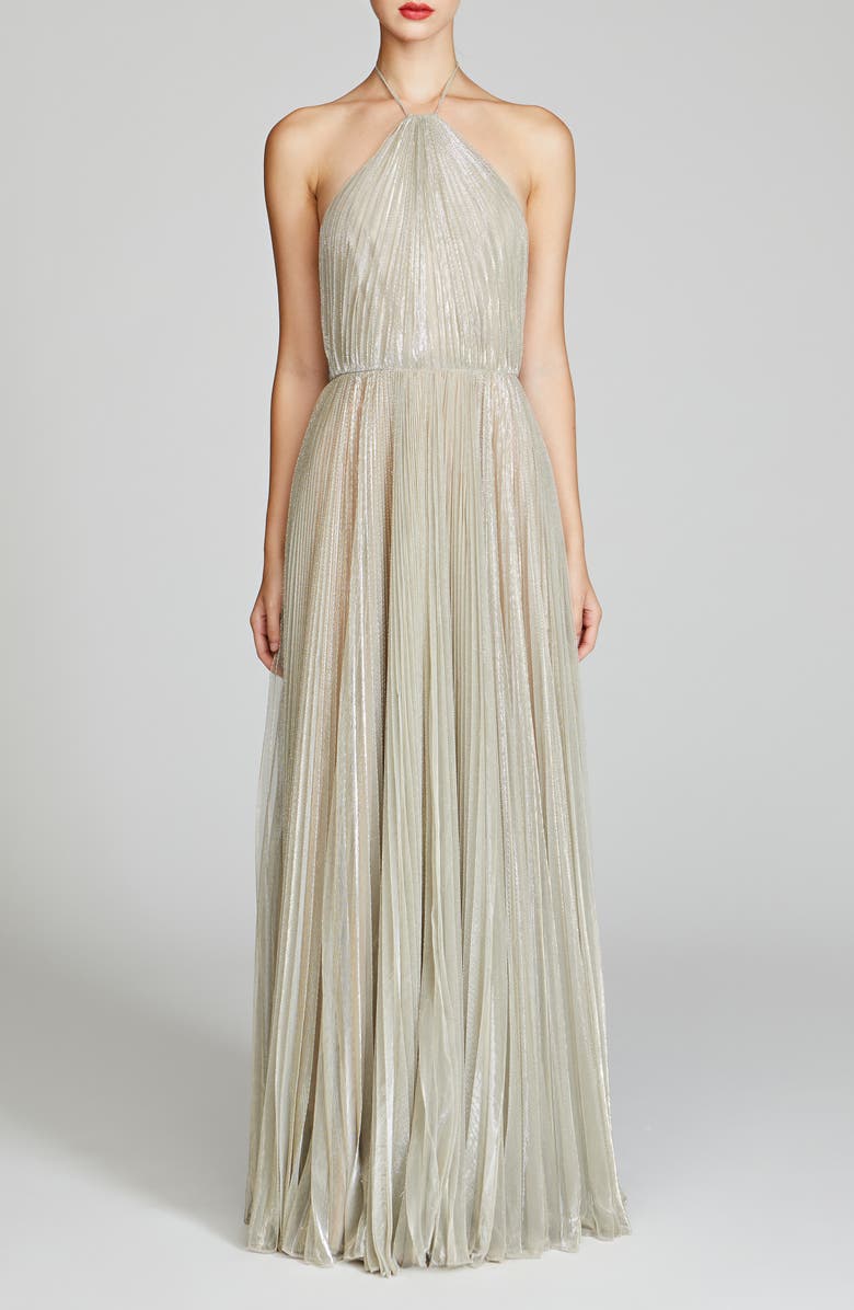 HALSTON Marisol Metallic Gown, Main, color, Pewter