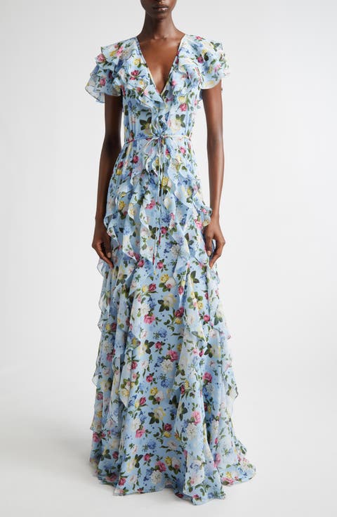 Floral Ruffle Silk Chiffon Gown