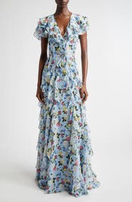 Carolina Herrera Floral Ruffle Silk Chiffon Gown