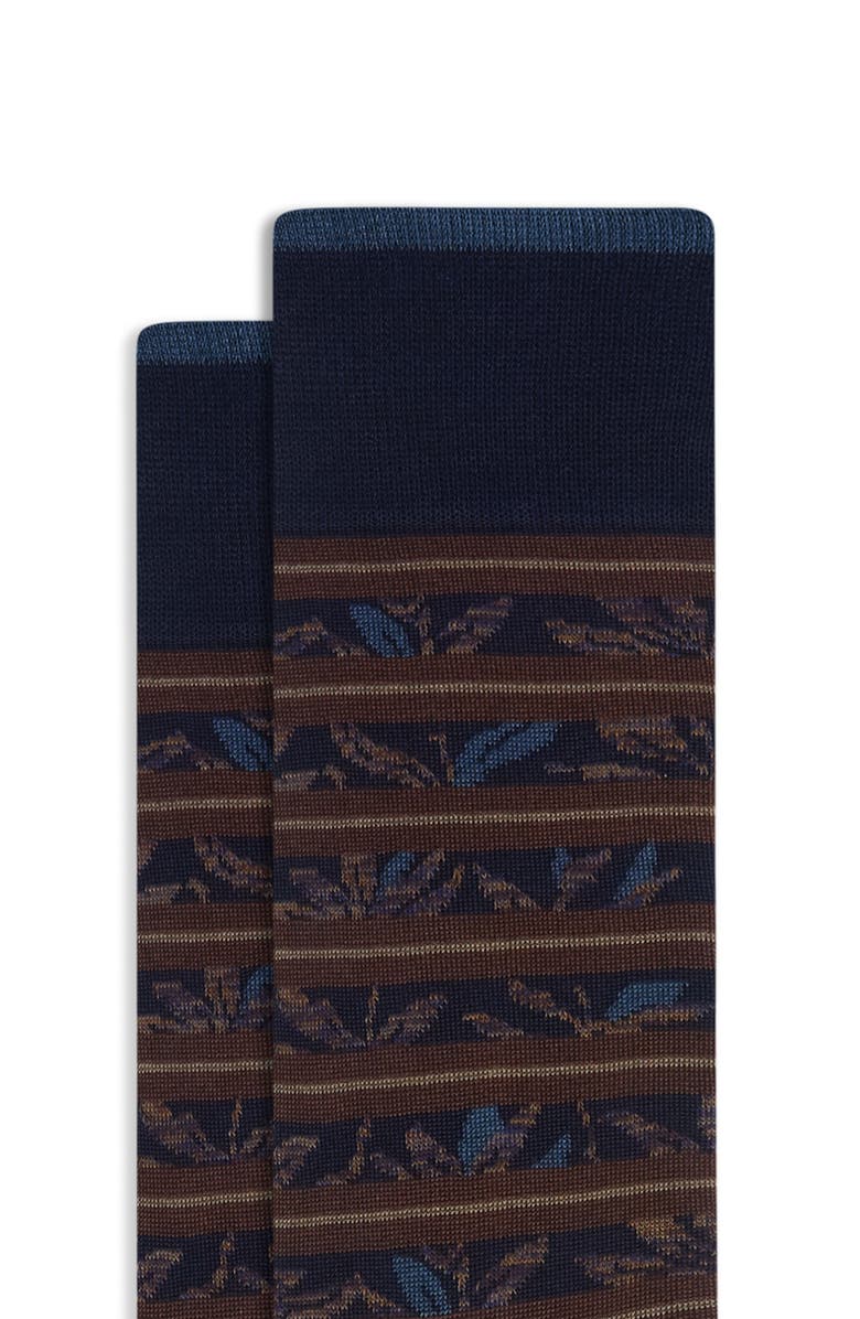 Bugatchi Stripe & Floral Mercerized Cotton Blend Dress Socks, Alternate, color, Mocha