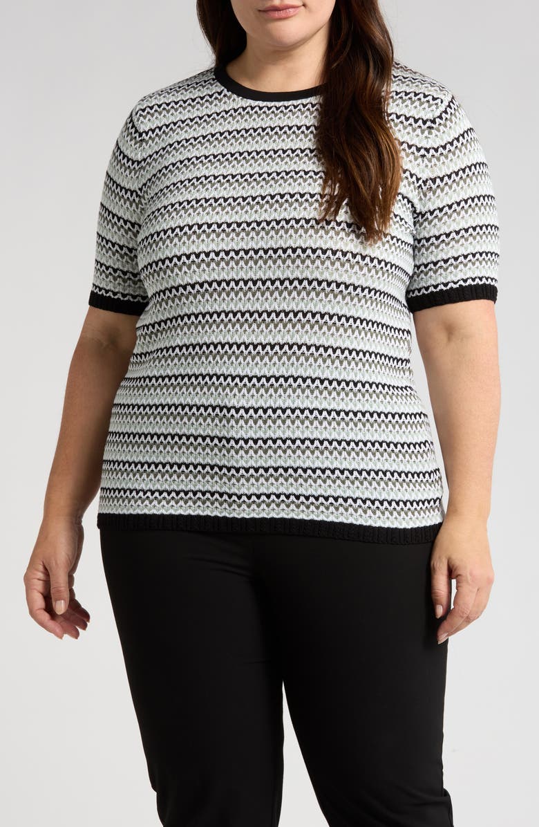 Anne Klein Stitched Stripe Short Sleeve Sweater, Main, color, 