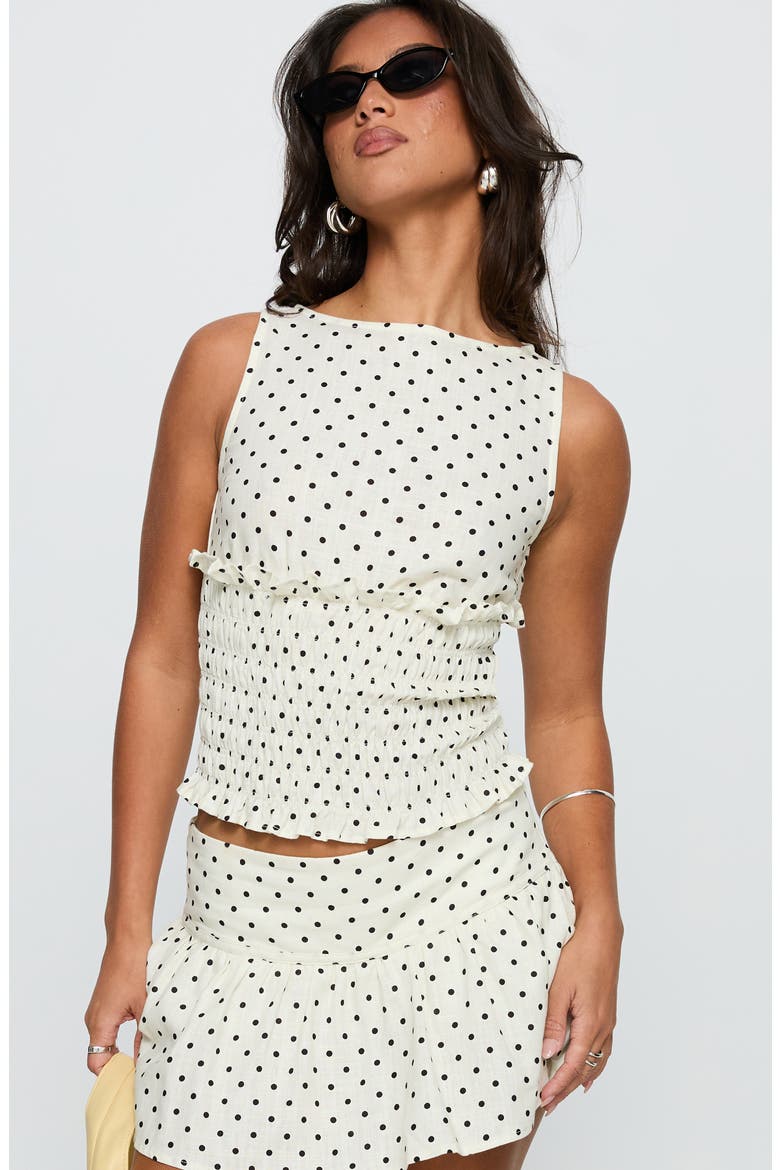 Roxee Polka Dot Smocked Linen Blend Tank, Alternate, color, CREAM POLKA