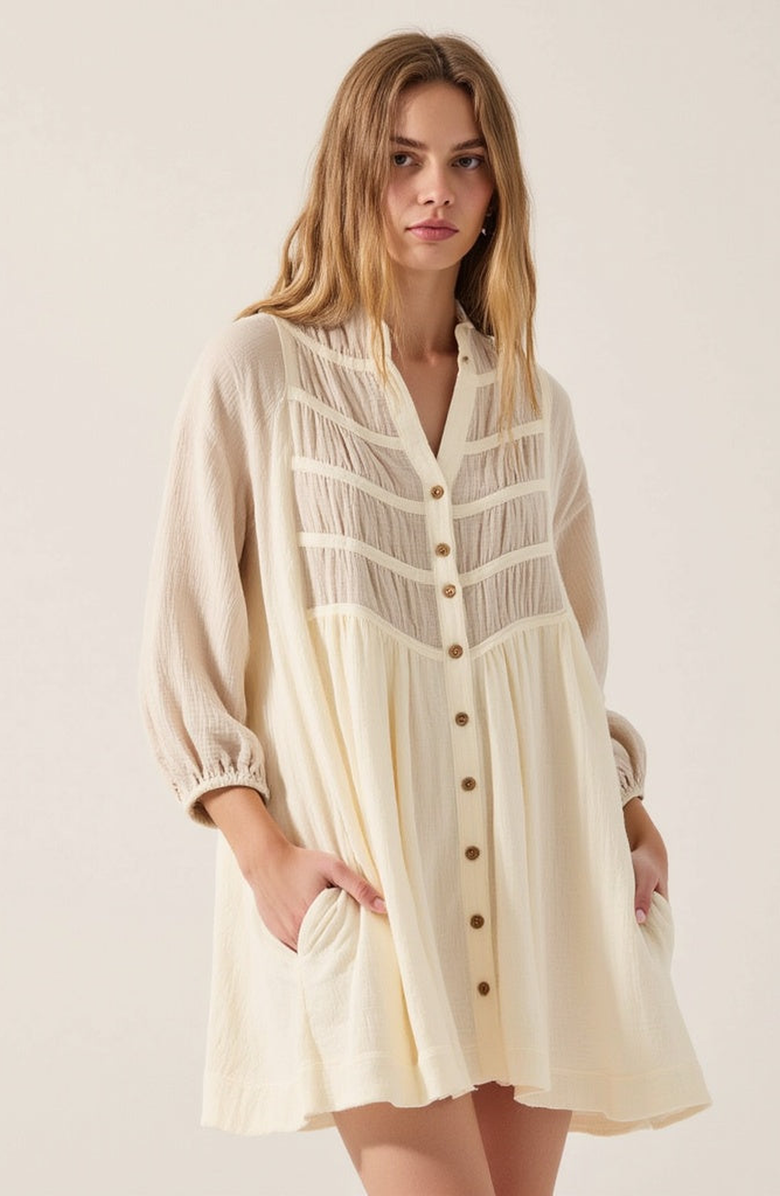 Modenaire Textured Cotton Mini Shirt Dress, Alternate, color, Light Beige