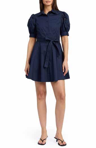 En Saison Nara Eyelet Detail Puff Sleeve Cotton Blend Mini Shirtdress