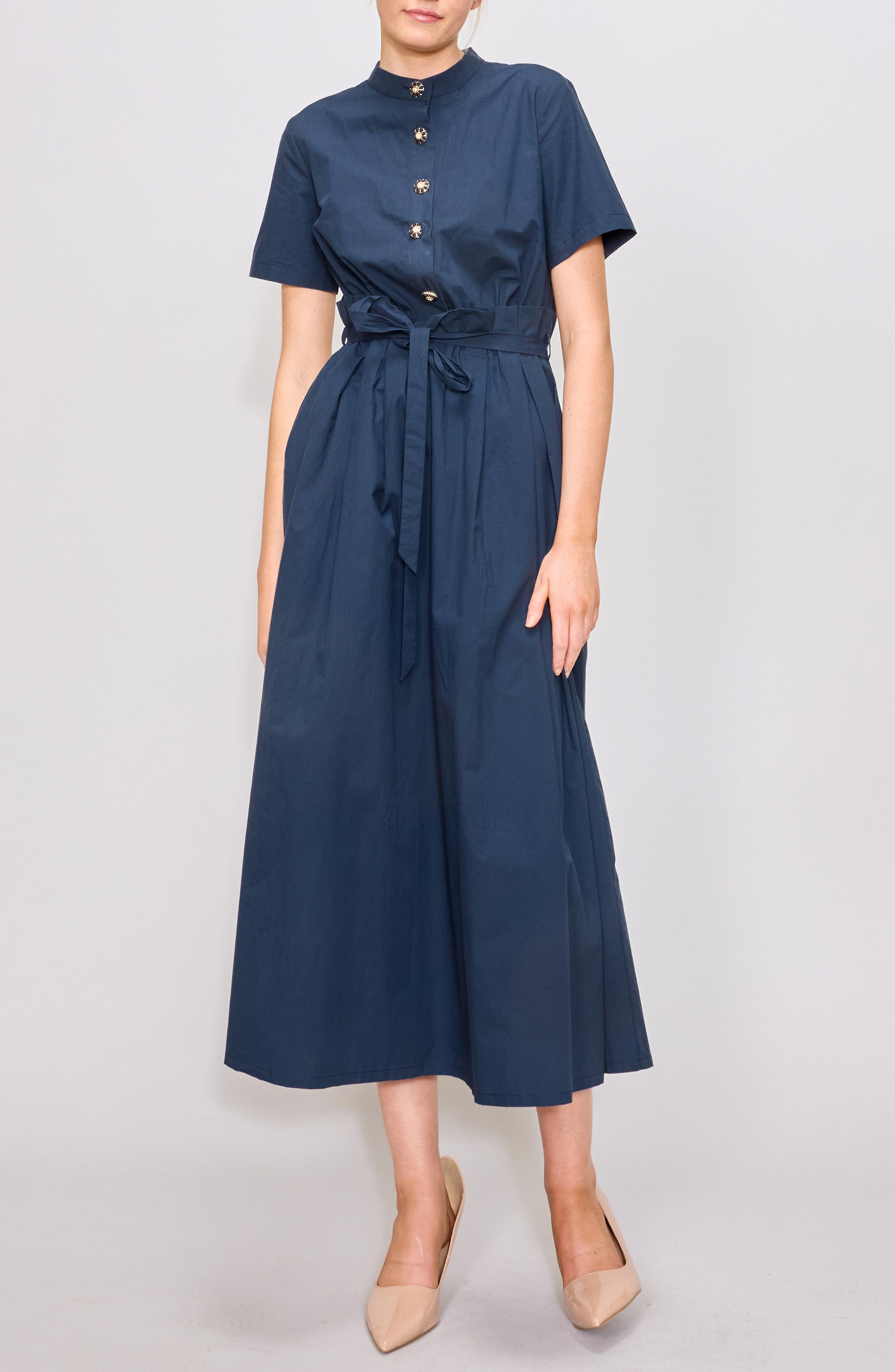 MELLODAY Paperbag Waist Shirtdress in Navy 