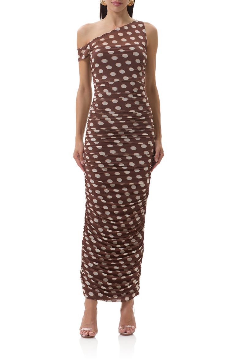 Biona Printed One-Shoulder Ruched Mesh Maxi Dress, Main, color, CHOCOLATE HALO DOT