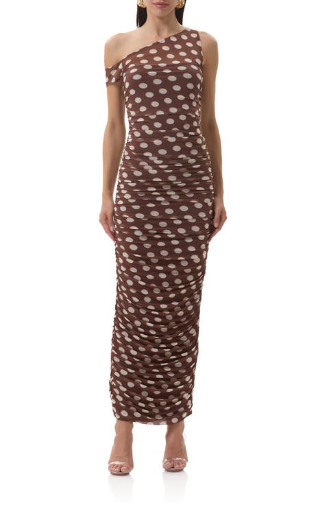 Biona Printed One-Shoulder Ruched Mesh Maxi Dress