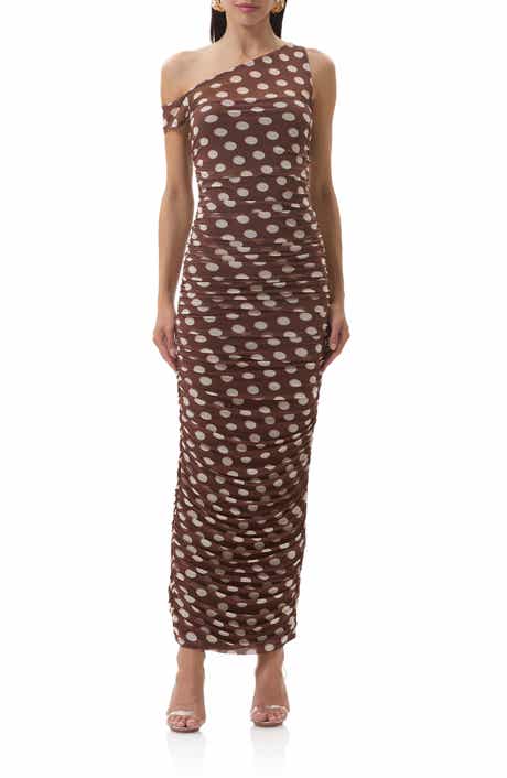 AFRM Biona Printed One-Shoulder Ruched Mesh Maxi Dress