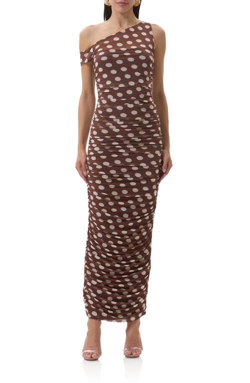 Afrm Biona Printed One-shoulder Ruched Mesh Maxi Dress In Brown