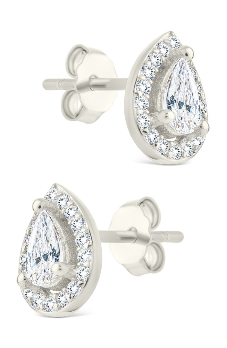 Sterling Forever Pear Cut Cubic Zirconia Halo Stud Earrings, Alternate, color, Silver