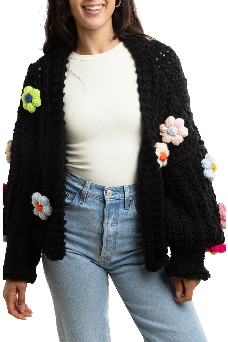 Chunky Floral Crochet Cardigan, Main, color, BLACK