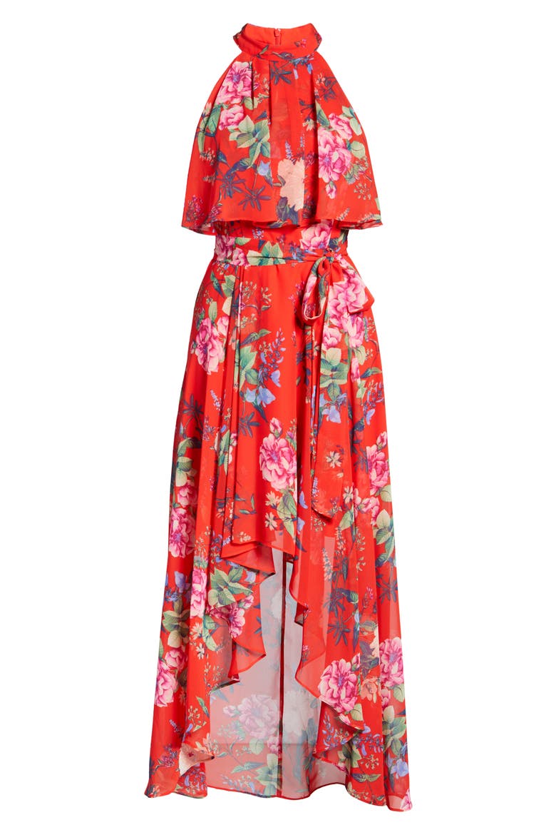 Popover Halter High/Low Chiffon Maxi Dress, Alternate, color, RED
