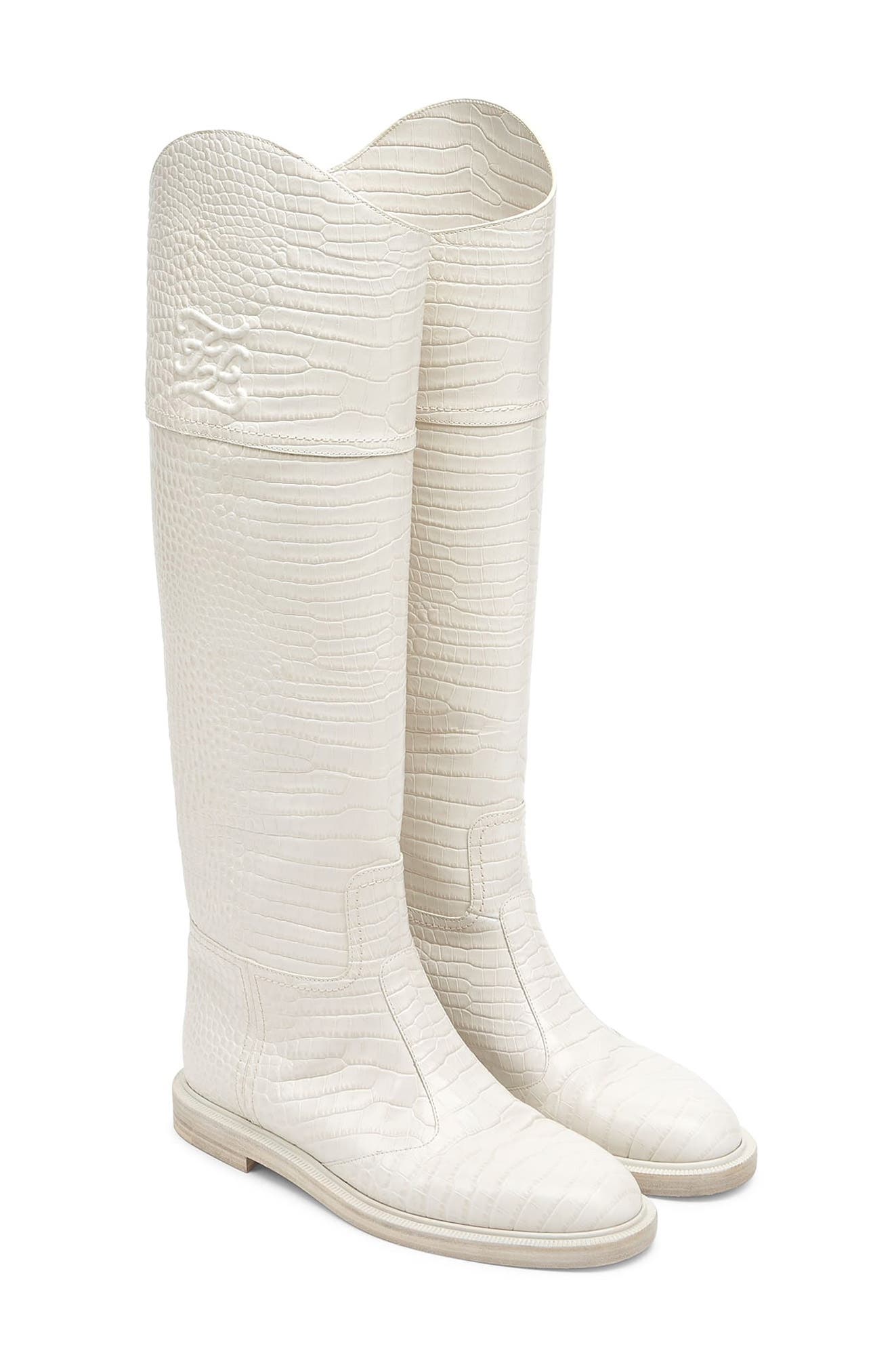 Fendi Karligraphy Logo Croc Embossed Riding Boot, Alternate, color, 