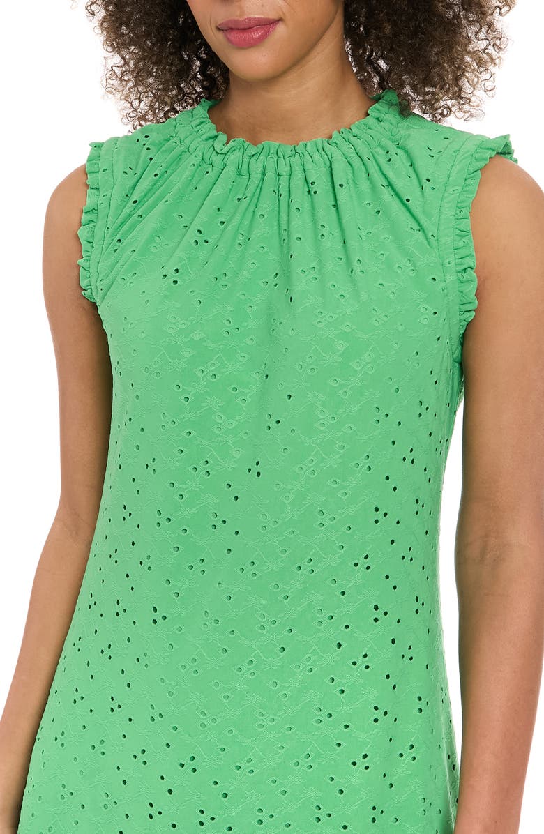 London Times Ruffle Neck Eyelet A-Line Minidress, Alternate, color, Ming Green