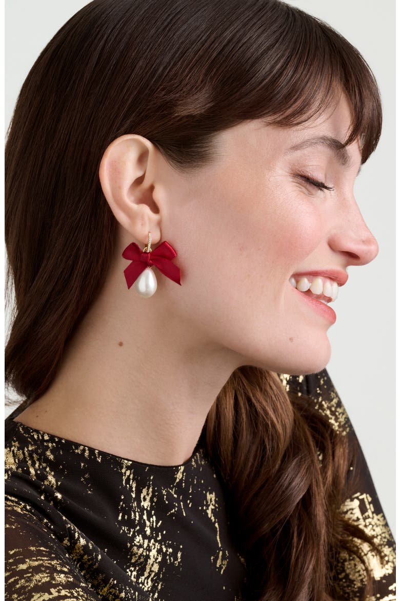 Riyya Ribbon Bow Faux Pearl Drop Earrings, Alternate, color, GOLD TONE/ PEARL / RUBY