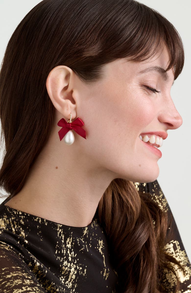 Ted Baker Riyya Ribbon Bow Faux Pearl Drop Earrings, Alternate, color, Gold Tone/ Pearl / Ruby