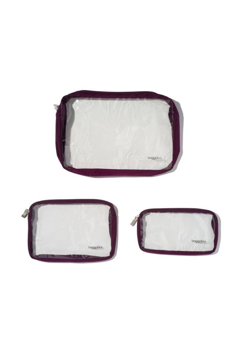 Clear Travel Pouches 3 Piece Set, Main, color, Mulberry