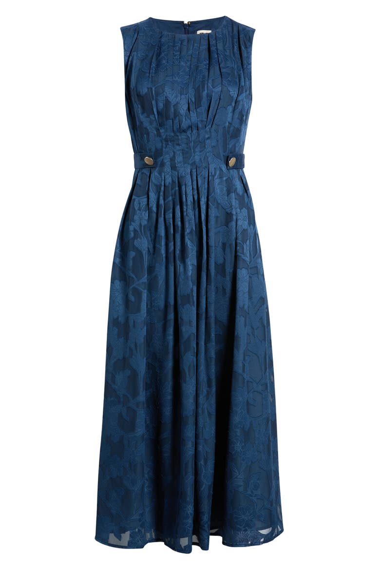 Pleated Floral Jacquard Midi A Line Dress, Alternate, color, BLUE CARBON