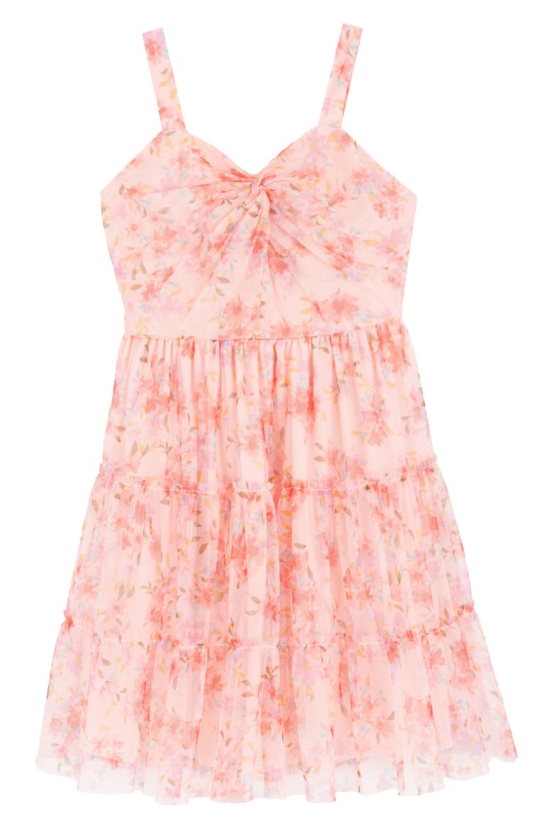 Kids' Floral Mesh Twist Dress, Main, color, CORAL