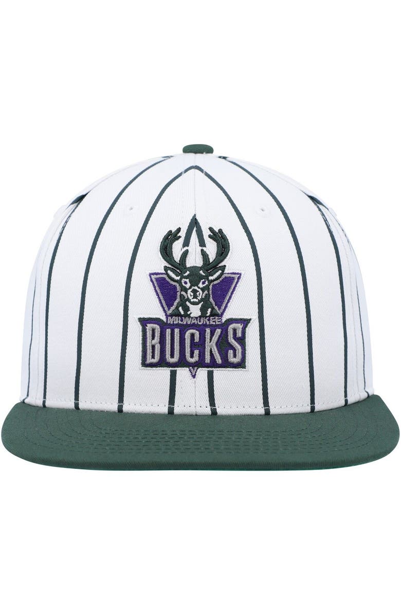 Mitchell & Ness Men's Mitchell & Ness White Milwaukee Bucks Hardwood Classics Pinstripe Snapback Hat, Alternate, color,