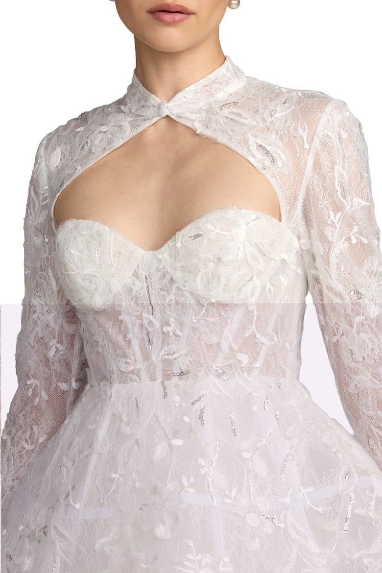 Lace Long Sleeve Mandarin Collar A Line Mini Dress, Alternate, color, Ivory