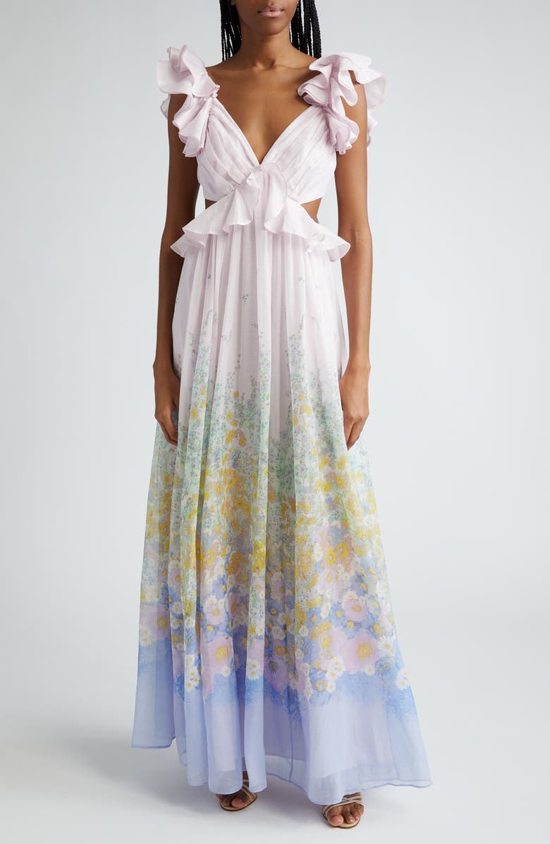 Zimmermann Floral Ruffle Linen & Silk Gown, Main, color, 