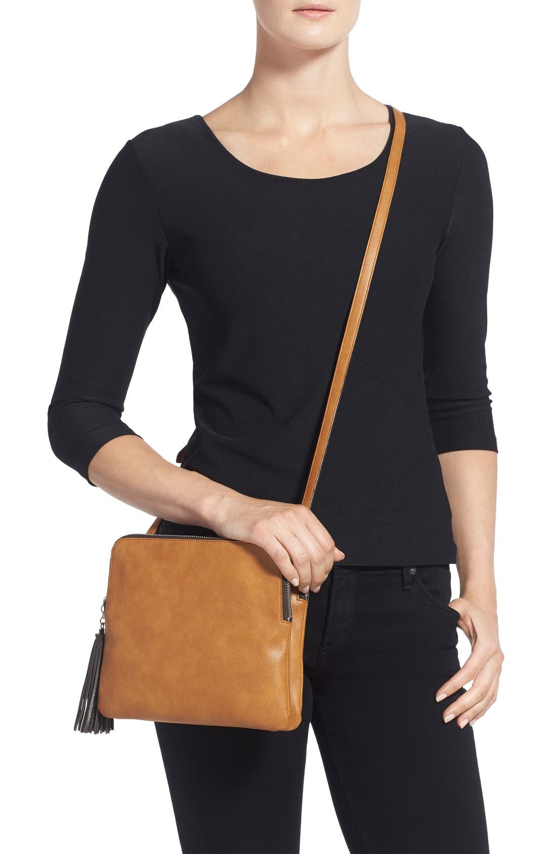'Flat Pack' Tassel Faux Leather Crossbody Bag, Alternate, color, TAN DALE