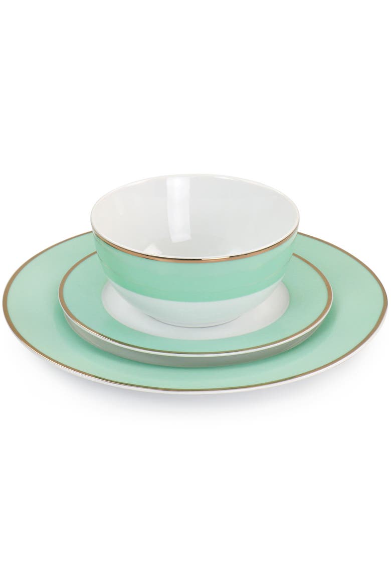 Gold Rimmed 12 piece Fine Ceramic Dinnerware Set, Alternate, color, Mint