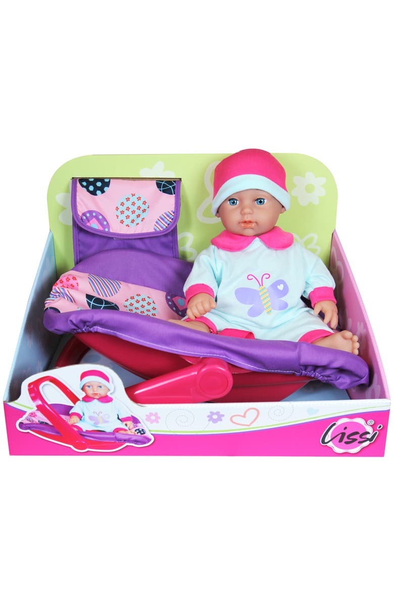 Lissi 11 Inch Baby Doll & Car Seat Handbag Set, Pink Blue Purple Butterfly Outfit, Alternate, color, Multicolored