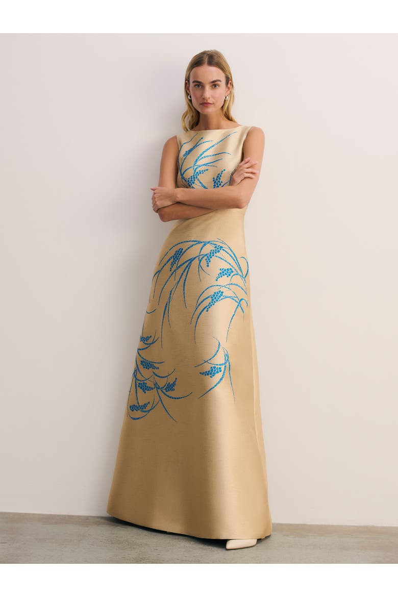 Embroidered Jacquard Maxi Gown Boat Neck, Main, color, Gold