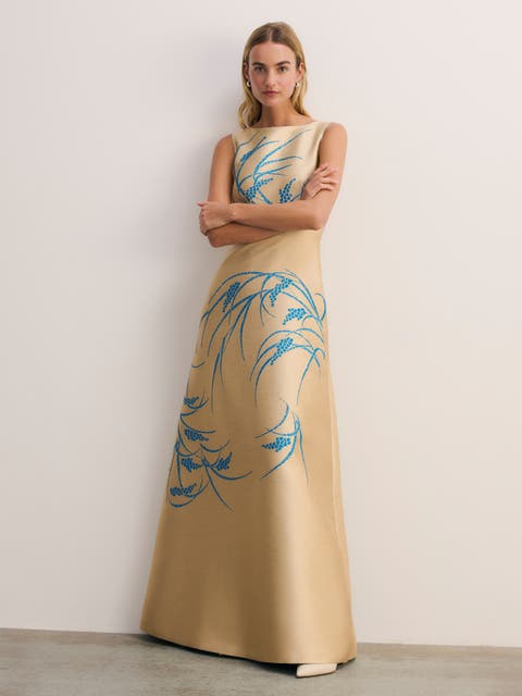 Embroidered Jacquard Maxi Gown Boat Neck