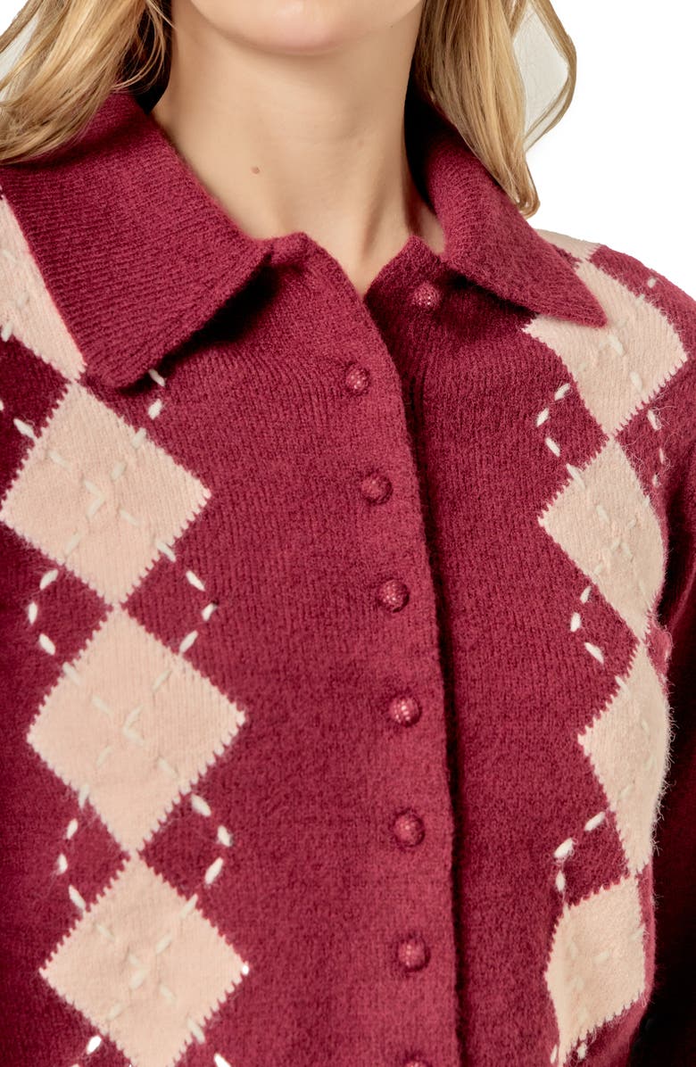 English Factory Collared Argyle Cardigan, Alternate, color, Burgundy/ Salmon
