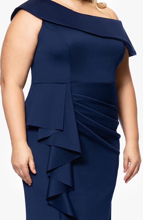 Xscape Evenings Ruffle One-shoulder Scuba Gown In Midnight