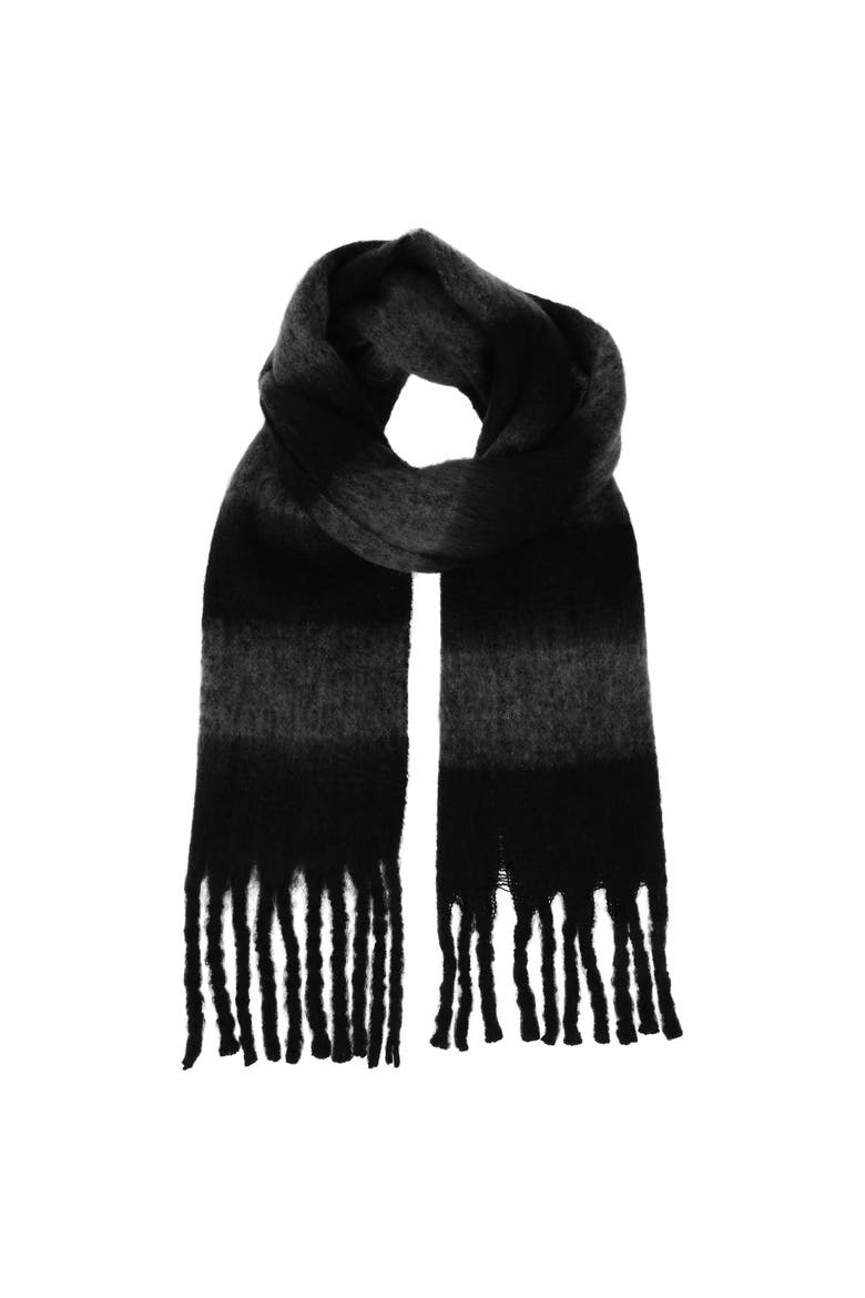 Brushed Acrylic Striped Blanket Scarf with Fringe, Alternate, color, BLACK