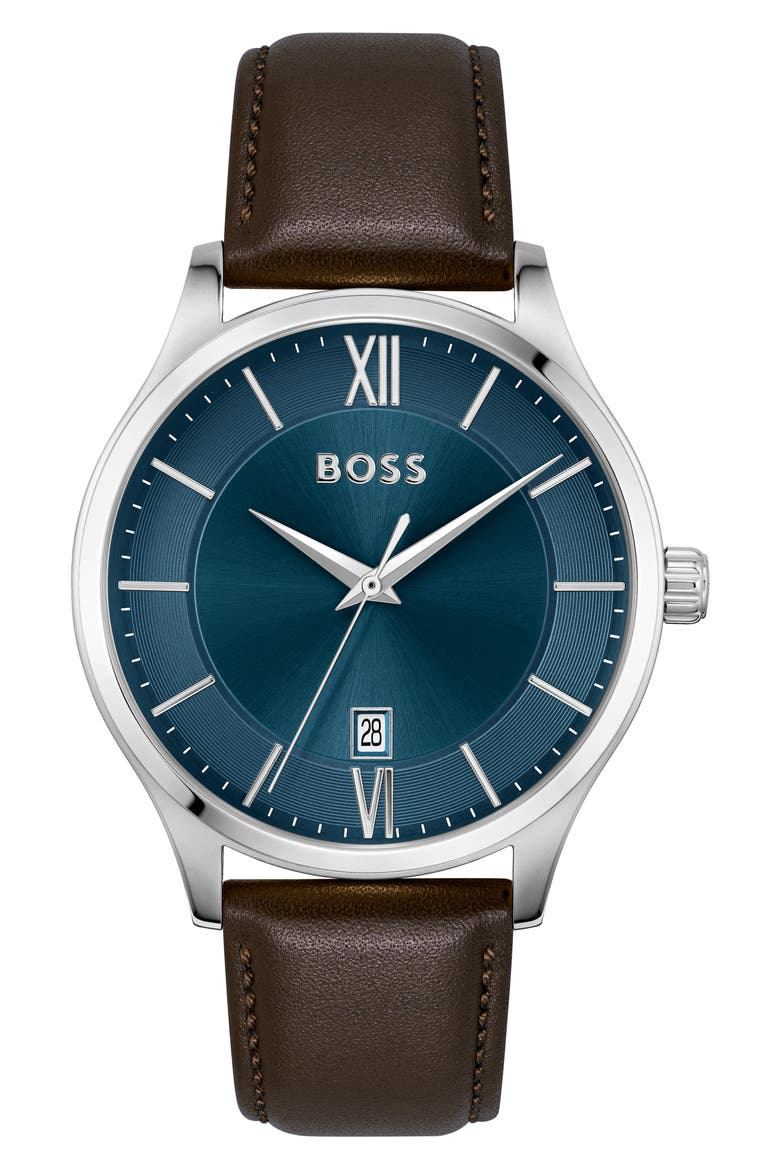 Elite Leather Strap Watch, 41mm, Main, color, BLUE DIAL