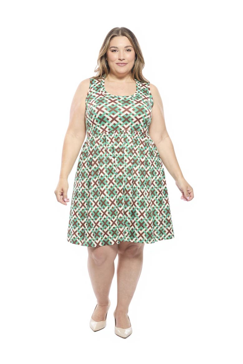 Plus Size Geometric Sleeveless Fit N Flare Knee Length A-Line Dress, Main, color, Green Multi
