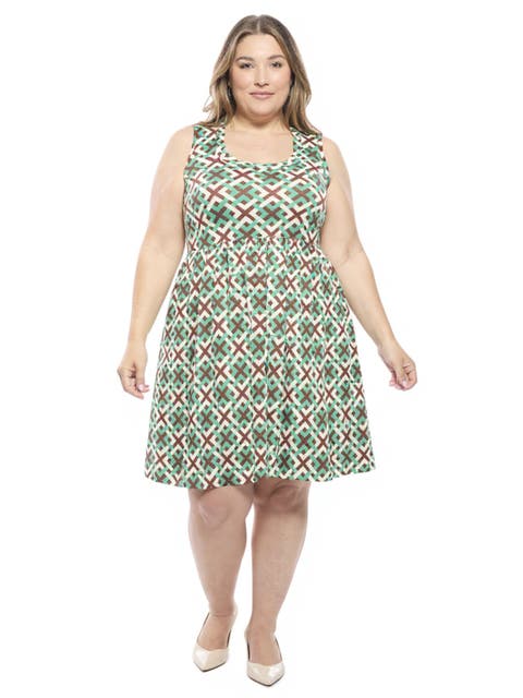 Plus Size Geometric Sleeveless Fit N Flare Knee Length A-Line Dress