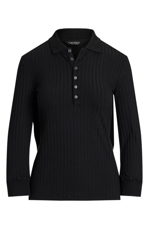 Ralph Lauren Lauren Three Quarter Sleeve Rib Polo In Black