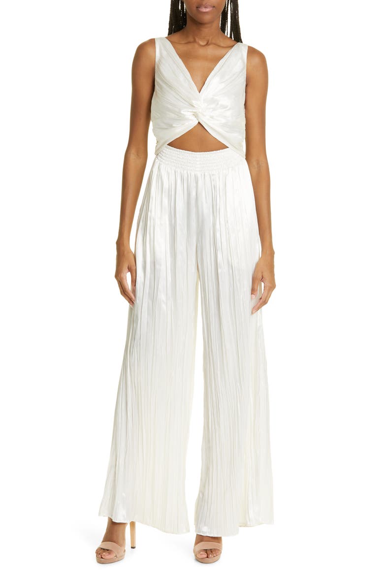 Brendaly Cutout Wide Leg Satin Jumpsuit, Main, color, IVORY SUBTLE SHINY PLEAT