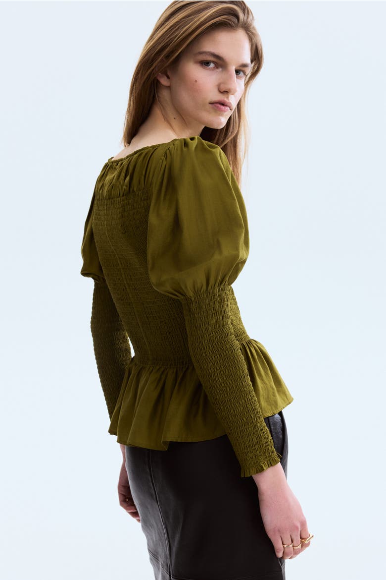 Smocked Viscose-blend Blouse, Alternate, color, Dark khaki green