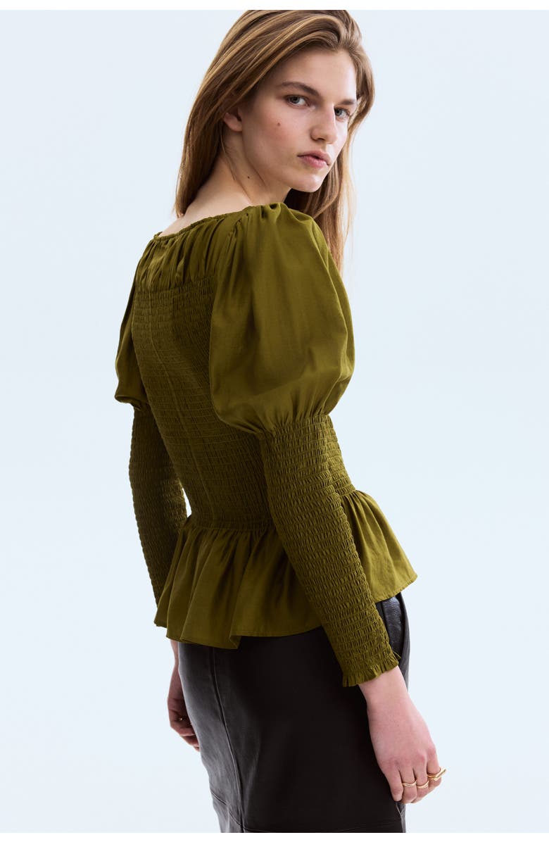 H&M Smocked Viscose-blend Blouse, Alternate, color, Dark Khaki Green