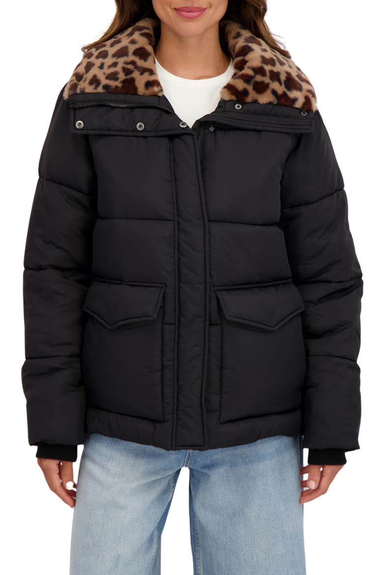Water Resistant Faux Fur Collar Puffer Jacket, Main, color, BLACK