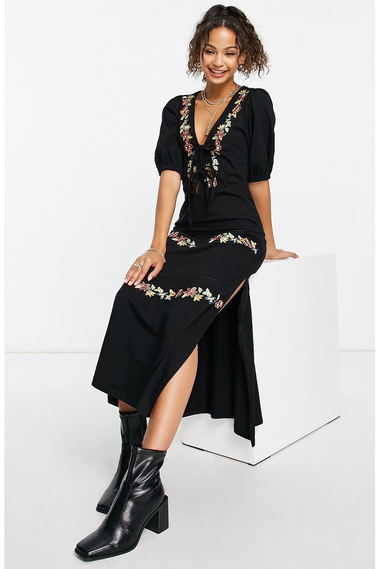 Floral Embroidered Cotton Midi Dress, Alternate, color, BLACK