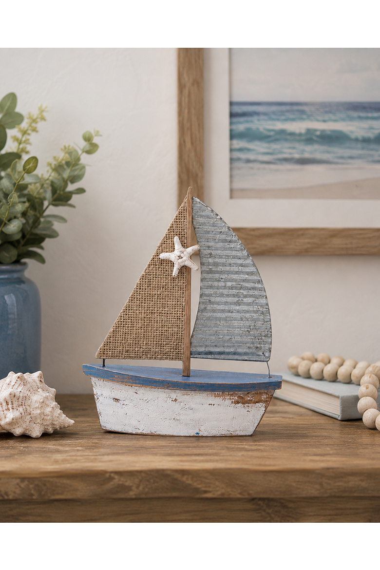 Distressed Wooden Sailboat Decorative Figurine 6.25" x 7.5", Alternate, color, Blue